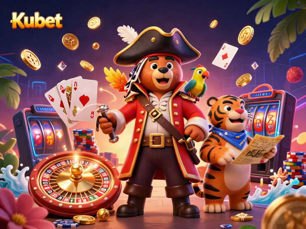 Players spin the roulette wheel at Kubet, surrounded by vibrant casino elements and tropical decorations.