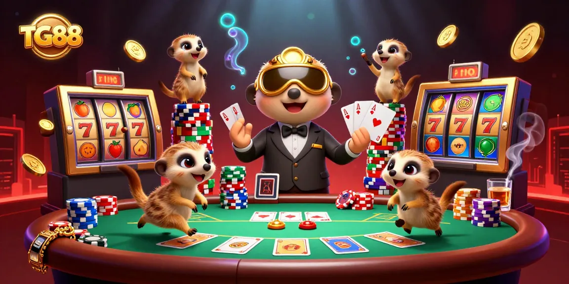 Experience the excitement of TG88 with meerkats managing a vibrant casino while playing poker and slots.