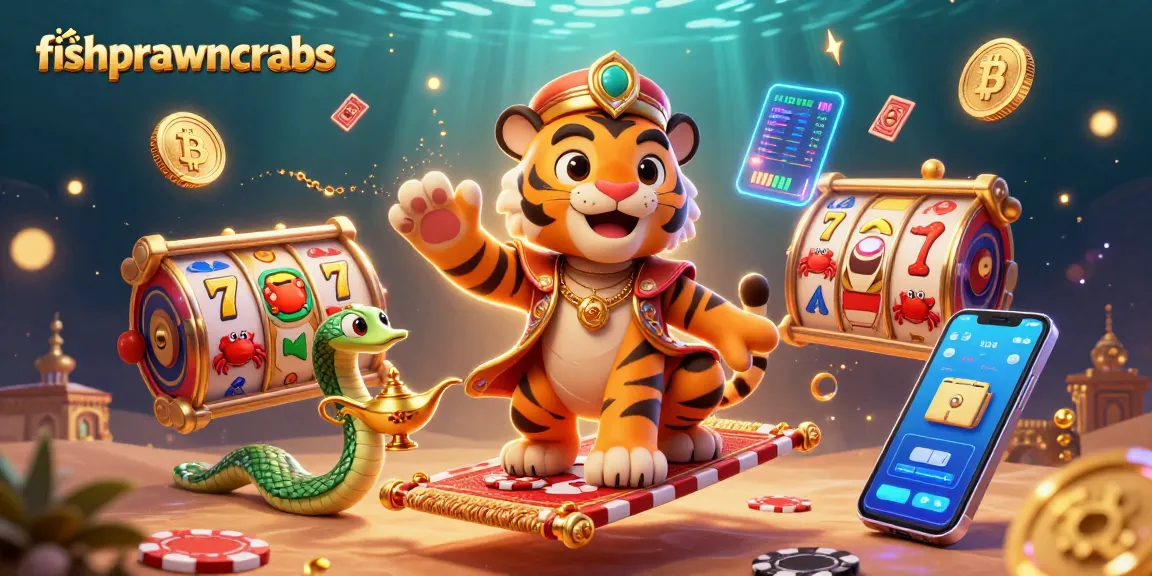 Engage in thrilling fishprawncrabs gameplay with a vibrant 3D casino illustration featuring mystical characters and slot game elements.