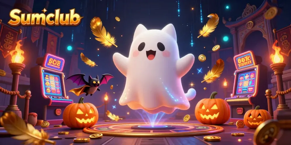 Win big at Sumclub with a vibrant, animated illustration of a friendly ghost cat in a haunted casino.