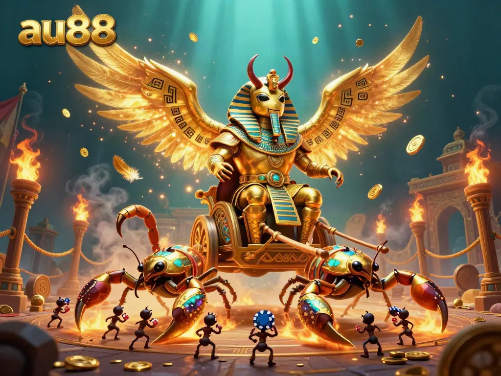 Engage in thrilling gaming with au88 at the heart of an epic pharaoh-themed casino battle scene.