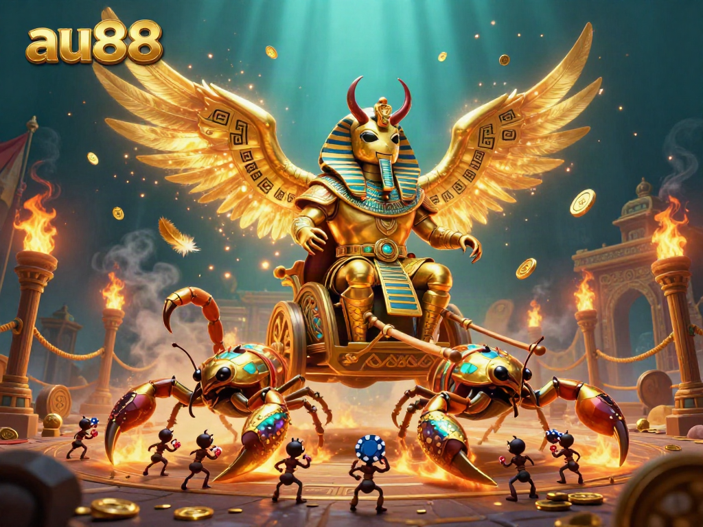 Engage in thrilling gaming with au88 at the heart of an epic pharaoh-themed casino battle scene.
