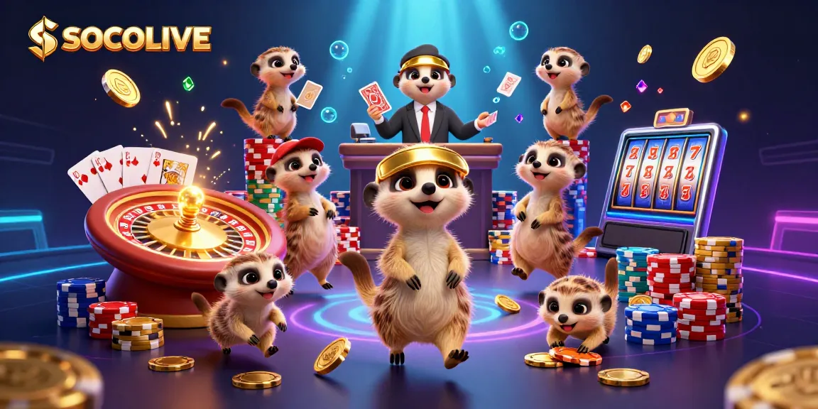 Engage with SOCOLIVE's vibrant casino scene featuring meerkats managing games, surrounded by winnings.