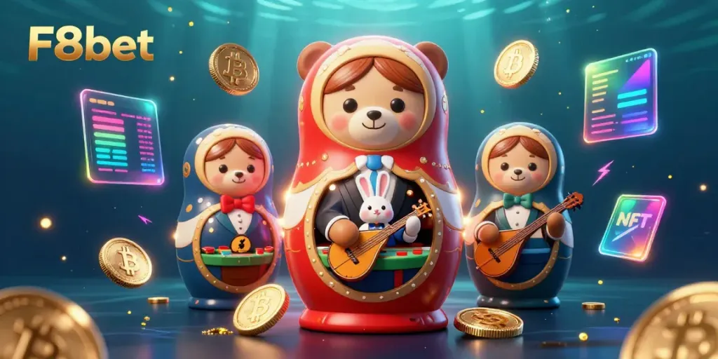 F8bet showcases Russian Matryoshka bear revealing smaller bears dressed as casino dealers in a vibrant gaming scene.