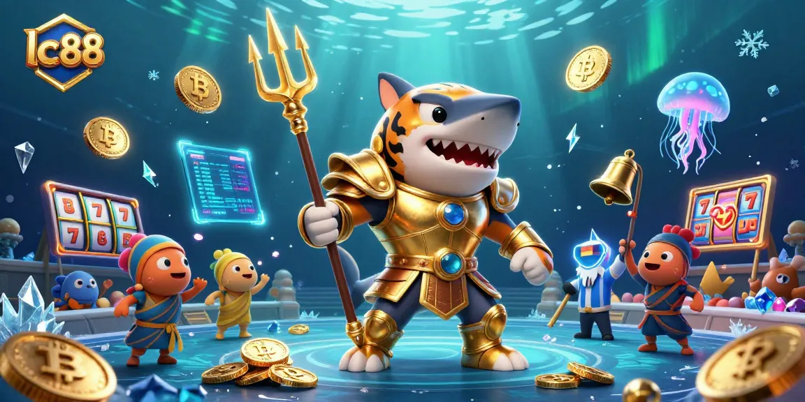 Immerse in the thrilling world of lc 88 with a dynamic underwater casino scene featuring a golden gladiator shark.
