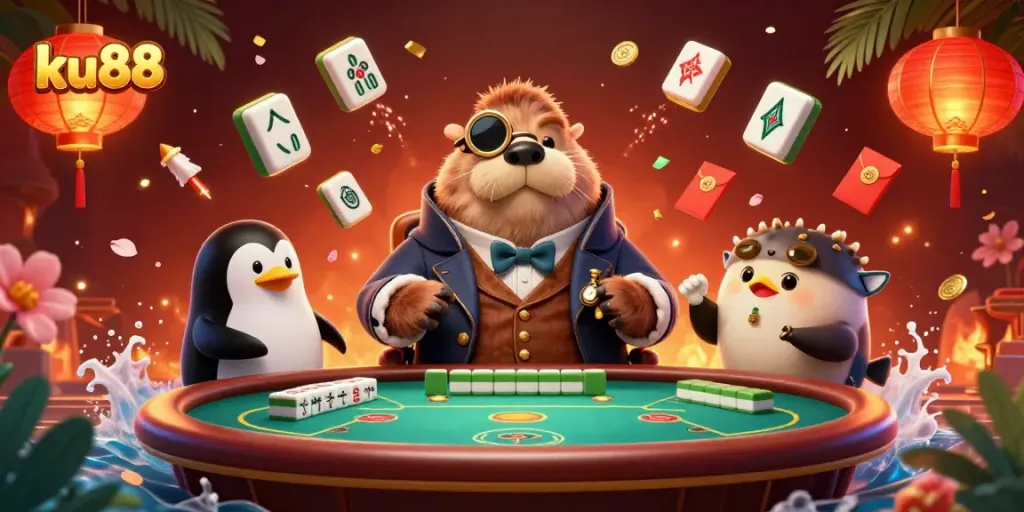 ku88 highlights underwater poker with a sophisticated walrus, penguin dealer in an action-packed scene