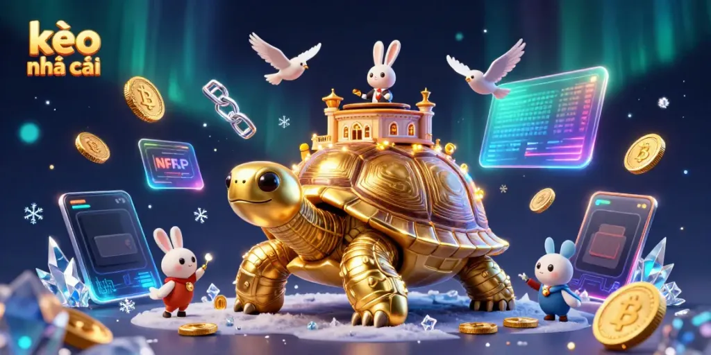 Experience the thrill of kèo nhà cái with a vibrant 3D illustration showcasing golden coins, a dealing rabbit, and a casino tortoise.