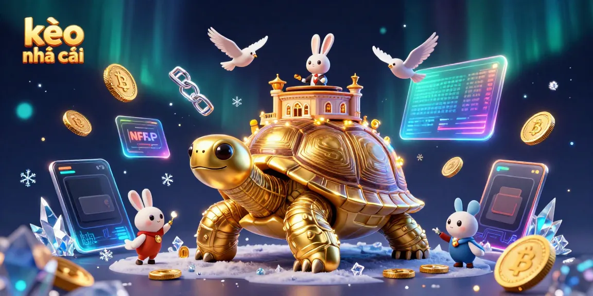 Experience the thrill of kèo nhà cái with a vibrant 3D illustration showcasing golden coins, a dealing rabbit, and a casino tortoise.