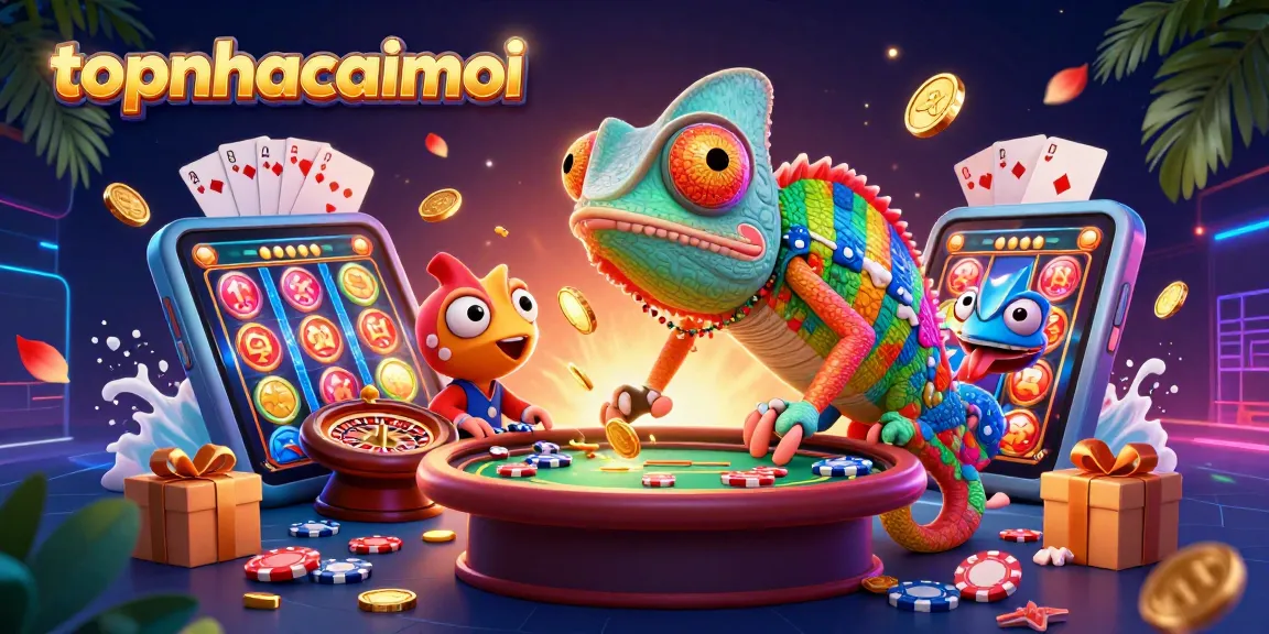 Engage with topnhacaimoi's vibrant 3D casino scene showcasing a colorful chameleon owner, rich game elements and action.