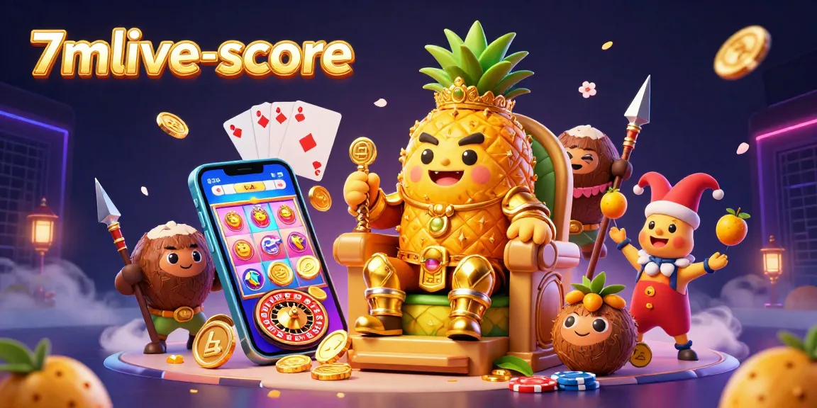 Engage with the vibrant casino scene featuring the 7mlive-score pineapple king amidst slot games and golden rewards.