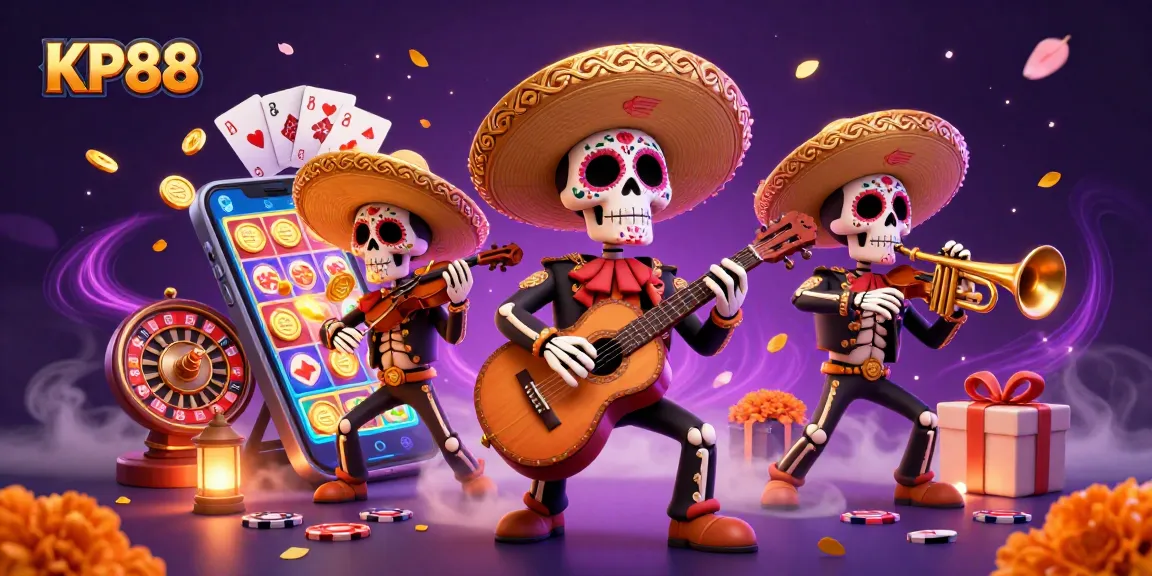 KP88 players winning with a colorful slot game and festive mariachi band backdrop.