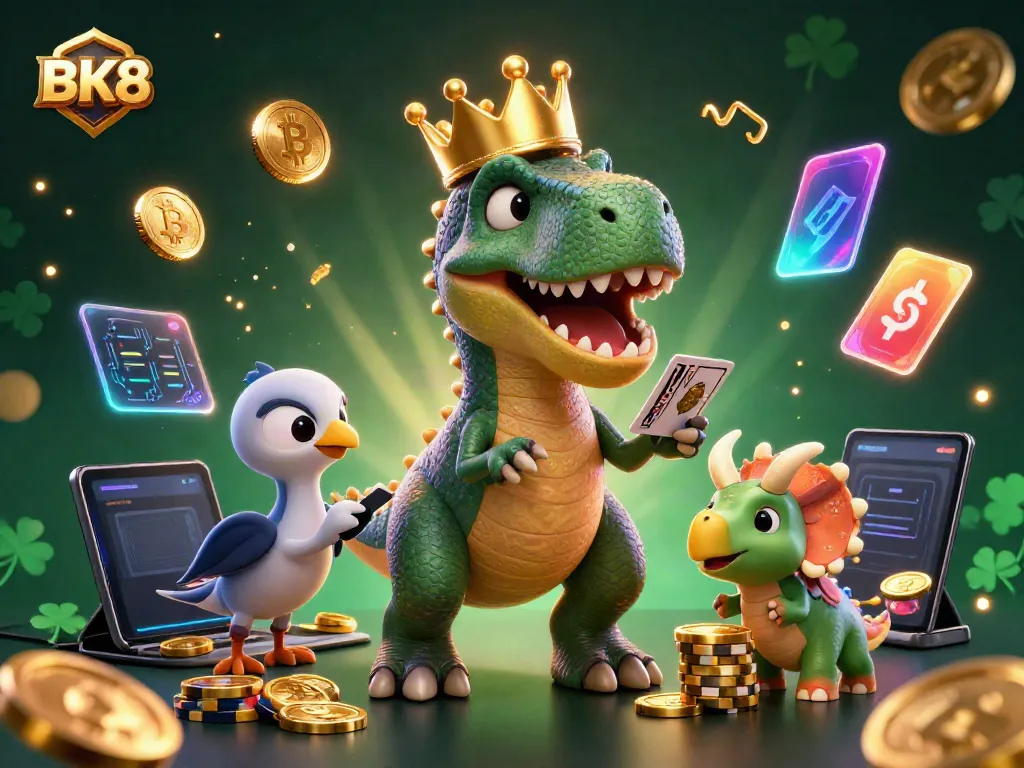 Engage in gambling excitement with BK8 featuring a 3D cartoon T-Rex and vibrant crypto elements.