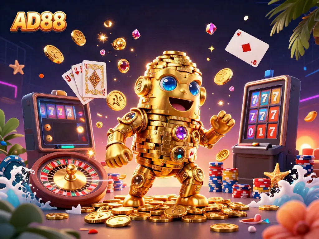 Experience the thrills of AD88 with a vibrant 3D illustration showcasing a golden golem amidst dynamic casino elements.