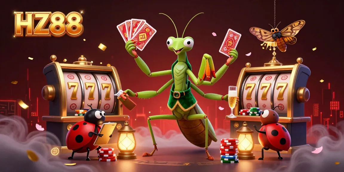 HZ88 captures the excitement of a dynamic casino scene with a giant praying mantis card sharp and vibrant slot elements.