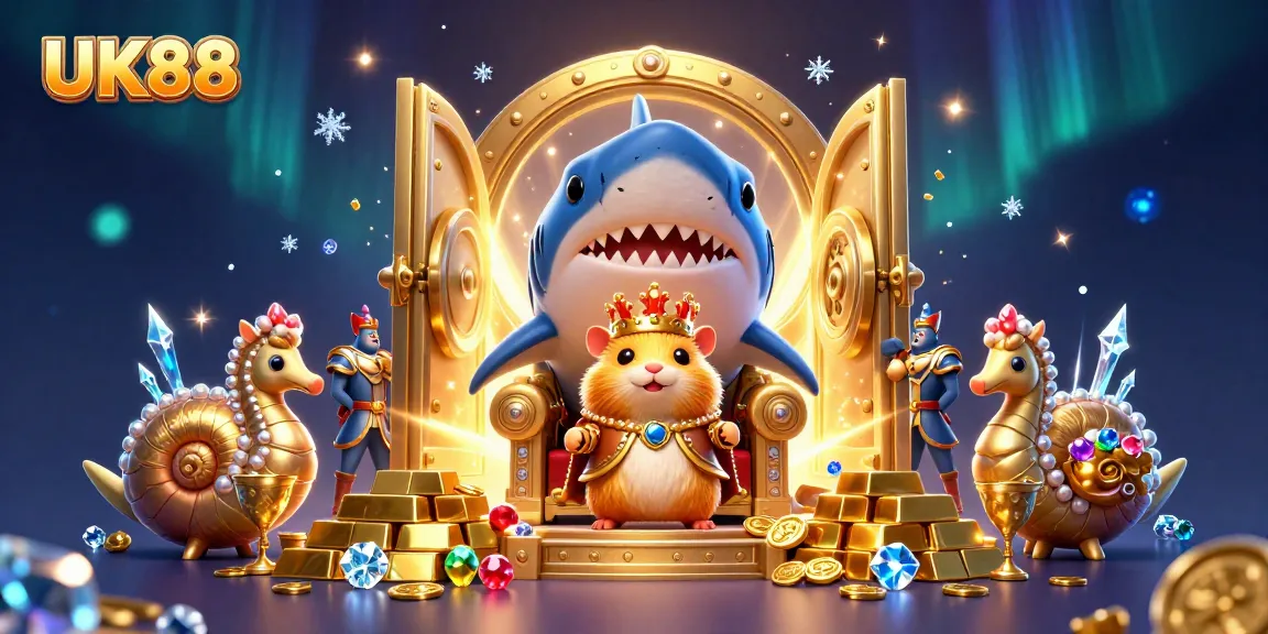 Experience the thrill of UK88 with a golden hamster king in a vibrant, treasure-filled casino scene.
