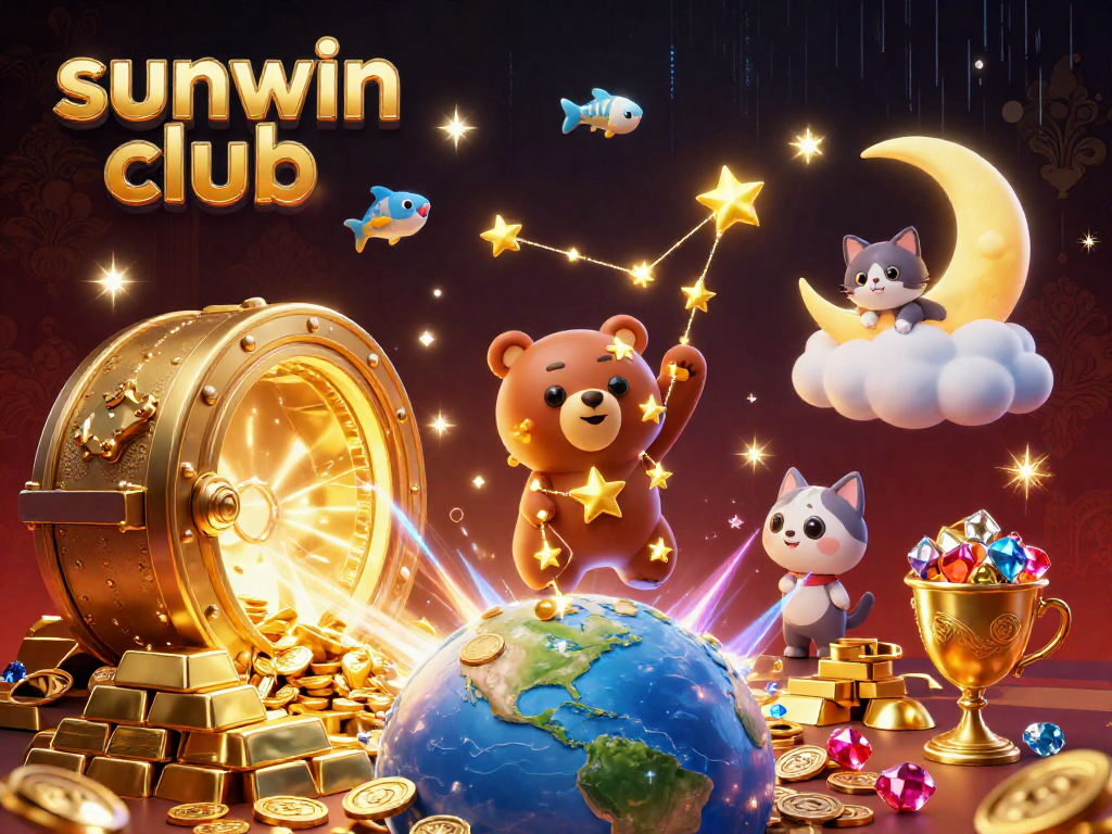 Experience the excitement and prosperity of the sunwin club with a lively 3D illustration showcasing gold coins, jackpots, and engaging characters.