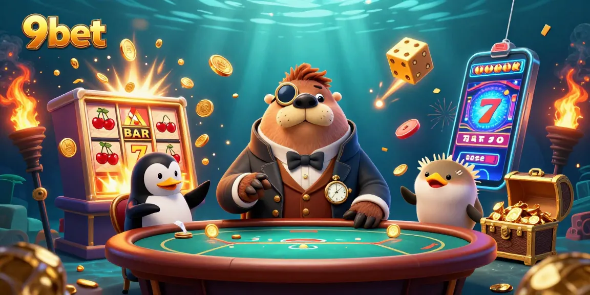 Experience thrilling wins with 9bet in a vibrant underwater casino illustration packed with exciting game elements.