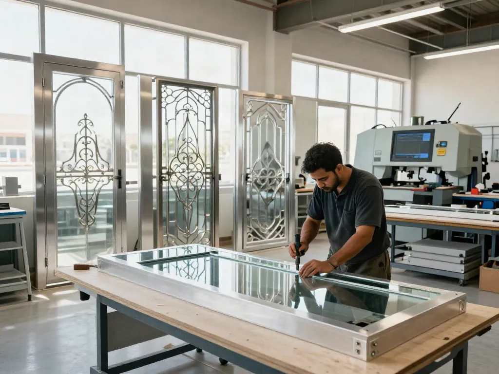 Aluminium and glass work across UAE, Fujairah, Kalba in a modern workshop showcasing precision craftsmanship.
