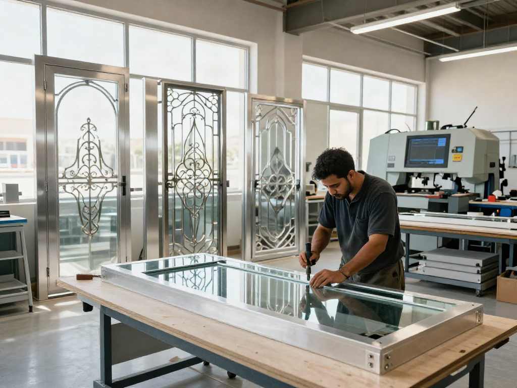 Aluminium and glass work across UAE, Fujairah, Kalba in a modern workshop showcasing precision craftsmanship.