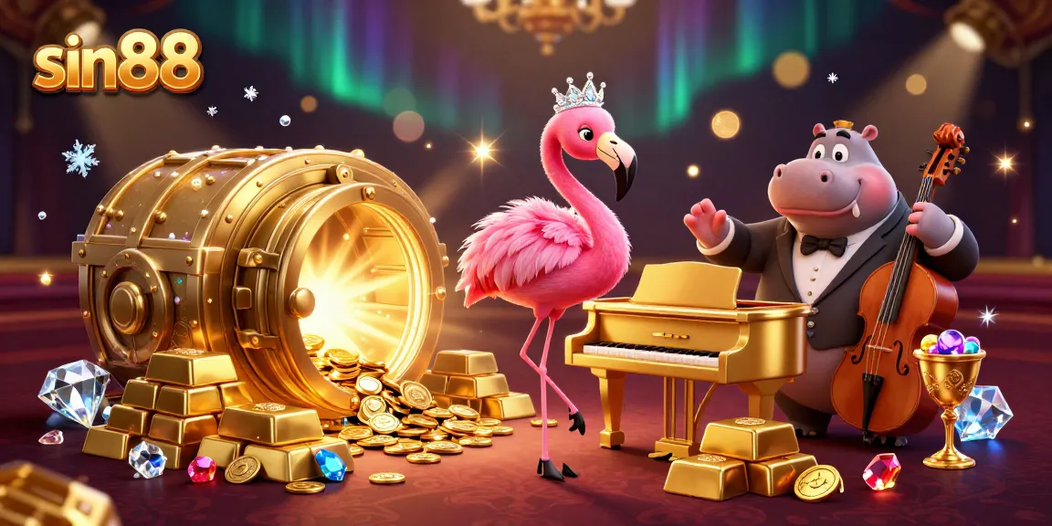 Experience the fun at sin88 with a vibrant casino scene featuring a flamingo singer and hippo bassist.