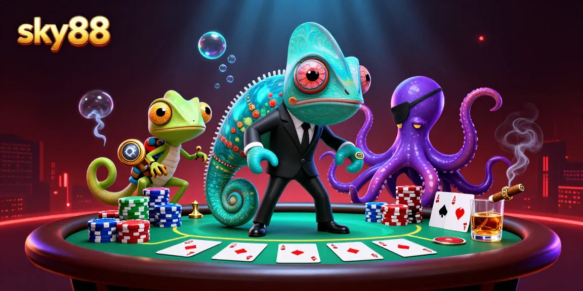 Engage in thrilling poker action with sky88 featuring a dynamic casino scene filled with color-changing agents.