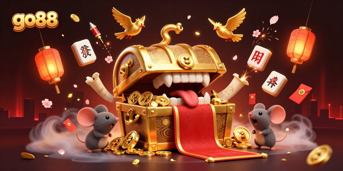 Engage with go88's thrilling casino games, featuring a treasure chest and vibrant gambling elements.