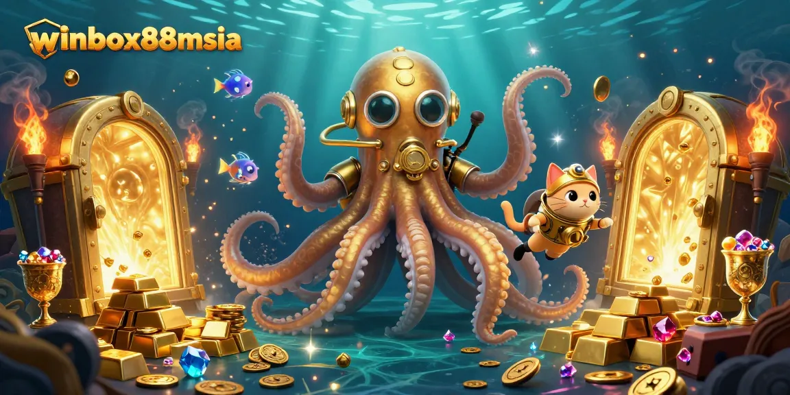 Winbox88msia unlocks thrilling underwater adventures with a kraken and treasure in a vibrant casino scene.
