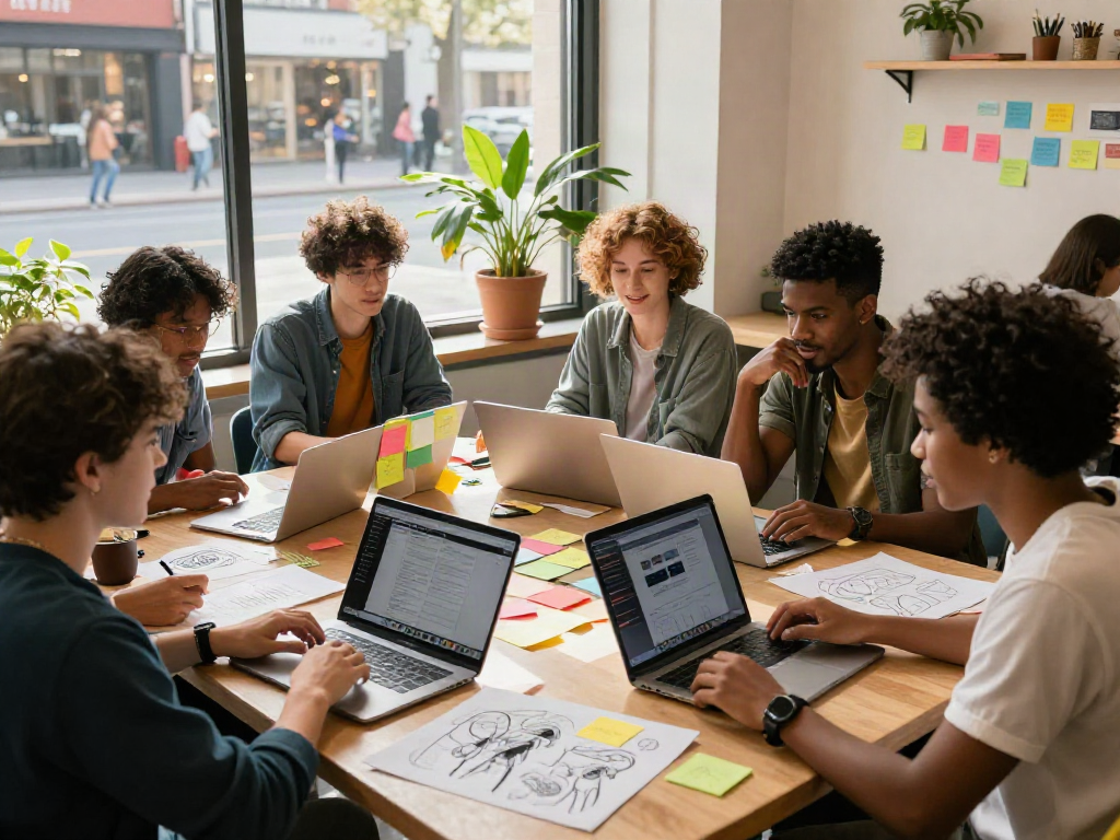 Creative brainstorming session on NSFW AI in a vibrant urban workspace with diverse friends.