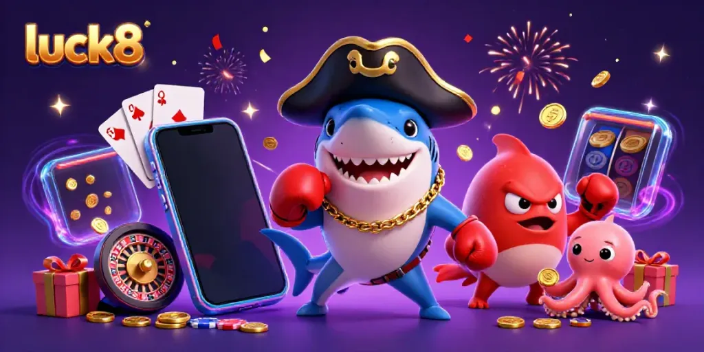 Engage in exciting gameplay at luck8 with cartoon pirate shark, pufferfish, and octopus surrounded by vibrant casino elements.