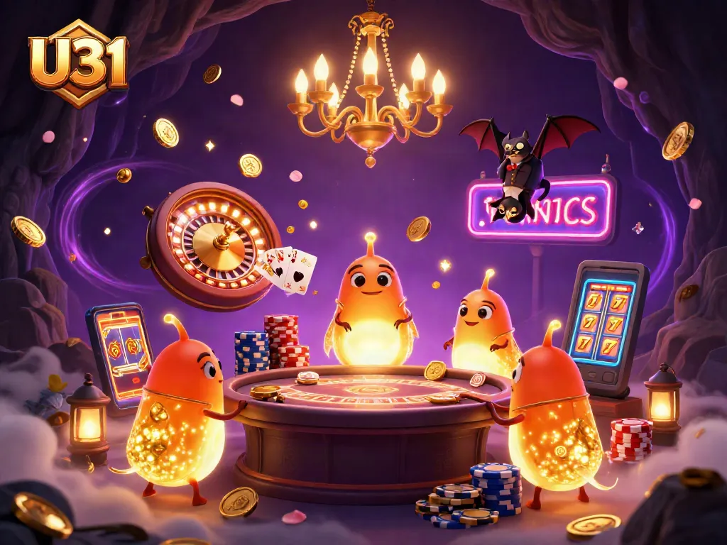 Experience U31's exciting gambling atmosphere with animated glowworms lighting up a vibrant casino scene.