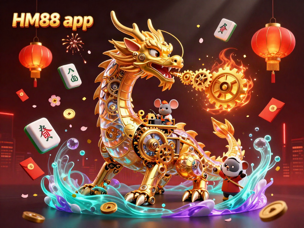 Experience gaming excitement with HM88 app featuring a golden dragon and vibrant casino elements.