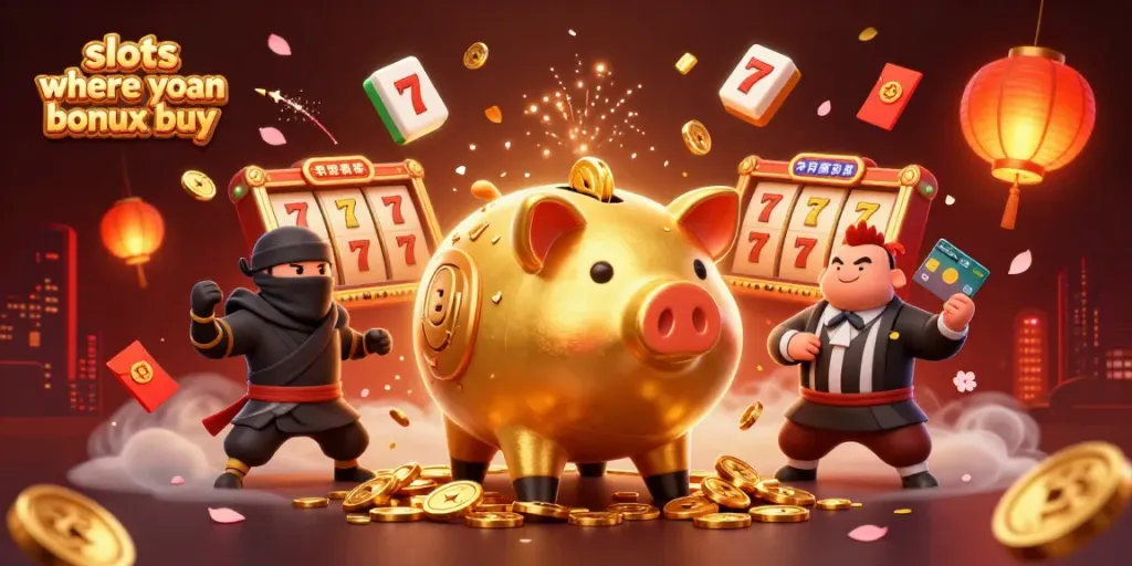 Experience the excitement of slots where you can bonus buy with vibrant characters surrounded by golden coins and game elements.