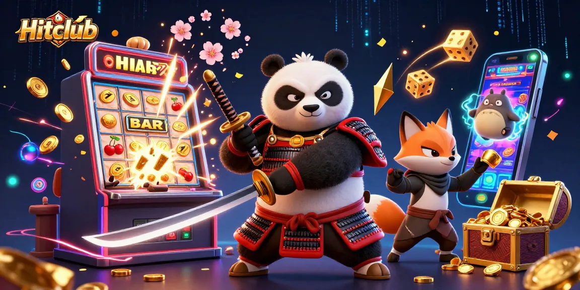 Hitclub gaming experience with samurai panda and ninja fox amidst a jackpot explosion of coins.