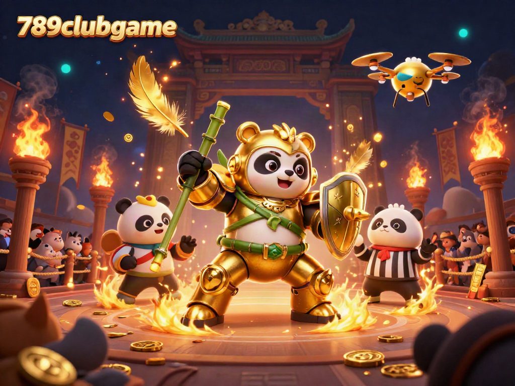 Engage with thrilling action in 789clubgame featuring a panda in a mech-suit battling in a vibrant arena.