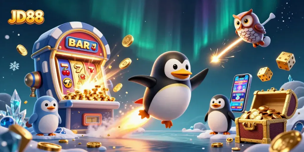 Experience JD88 with a dynamic scene of a golden penguin and casino elements bursting with winnings.
