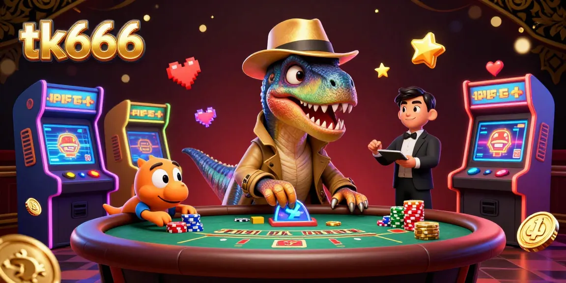Engage with tk666's thrilling blackjack scene featuring a velociraptor card counter and lively casino elements.