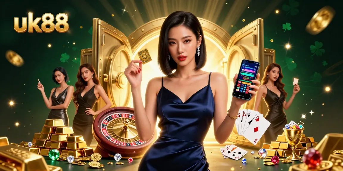 Engage with exciting uk88 online betting featuring a confident woman showcasing a casino app.