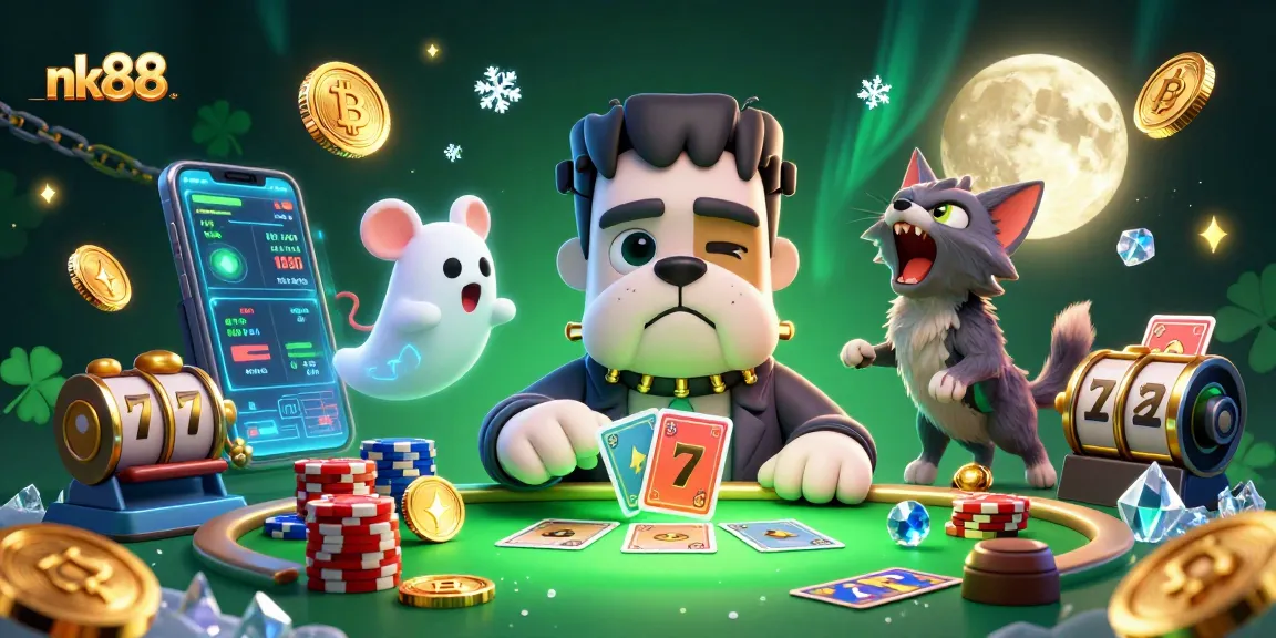nk88 players immerse in an exciting card game with a Frankenstein bulldog and werewolf kitten