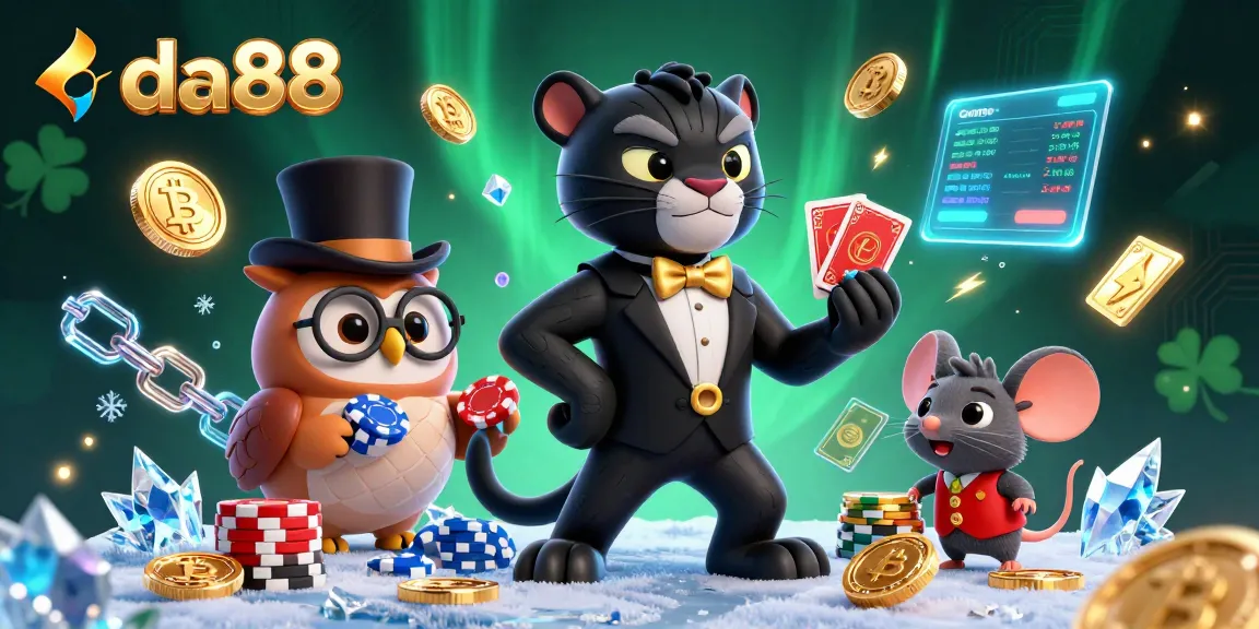 Stack poker chips and deal cards in a vibrant da88 casino scene with animated characters.
