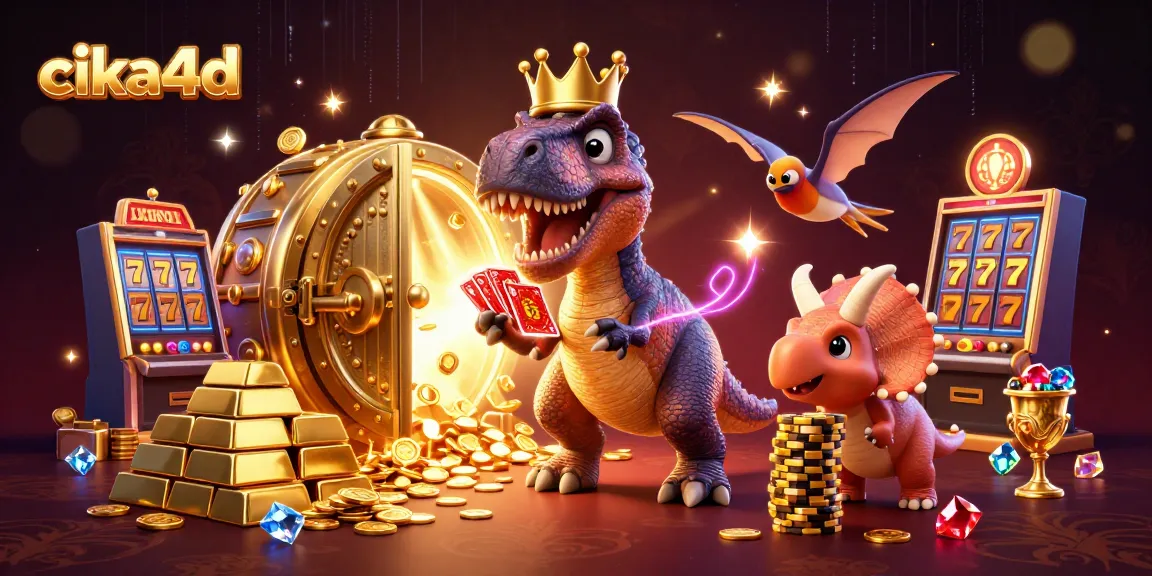 Experience thrilling gameplay at cika4d with a dynamic scene featuring cartoon dinosaurs and casino elements.