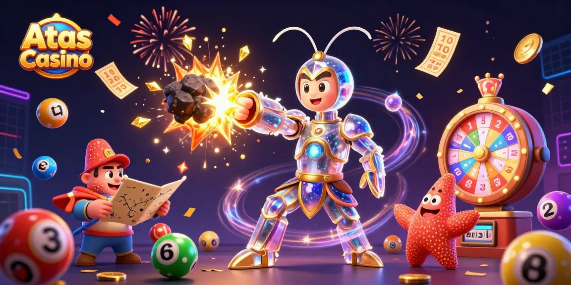 Atas Casino showcases a vibrant 3D scene featuring a galactic mantis shrimp and starfish amidst colorful lottery elements and abundant prizes.
