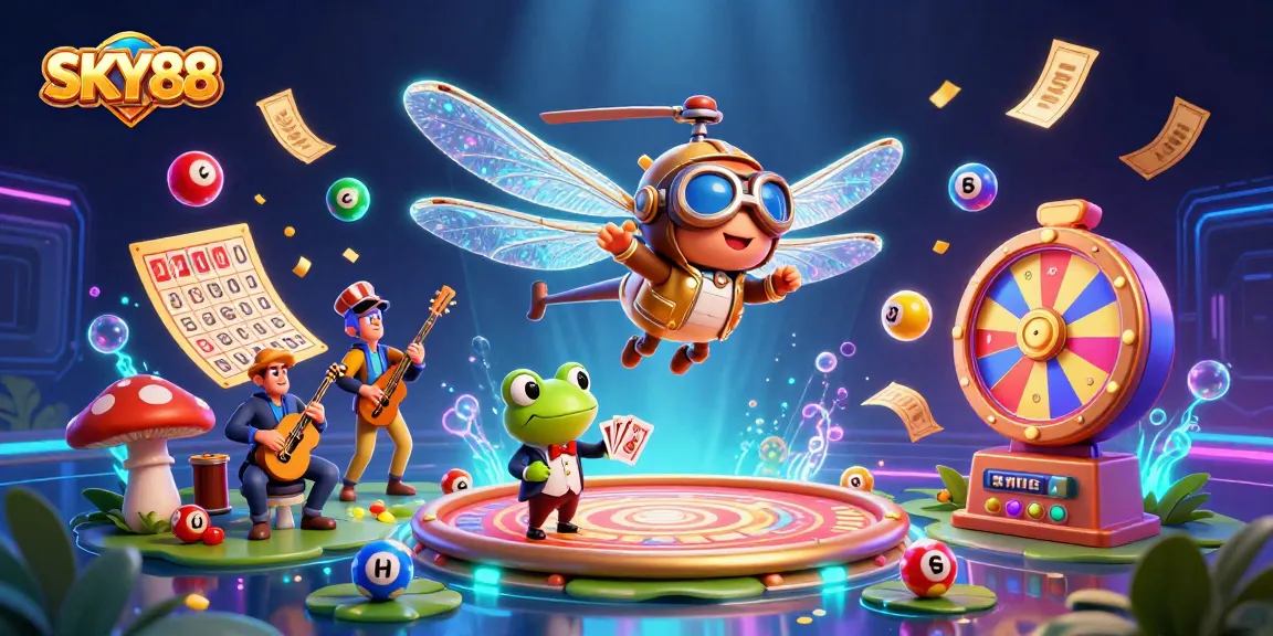 Experience thrilling gameplay at SKY88 with a lively casino scene featuring card dealing and colorful lottery action.