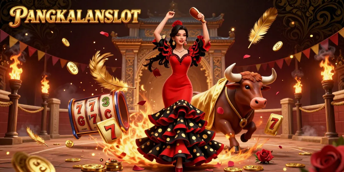 PANGKALANSLOT showcases a vibrant scene with a flamenco dancer and a bull surrounded by gold coins and gaming symbols.
