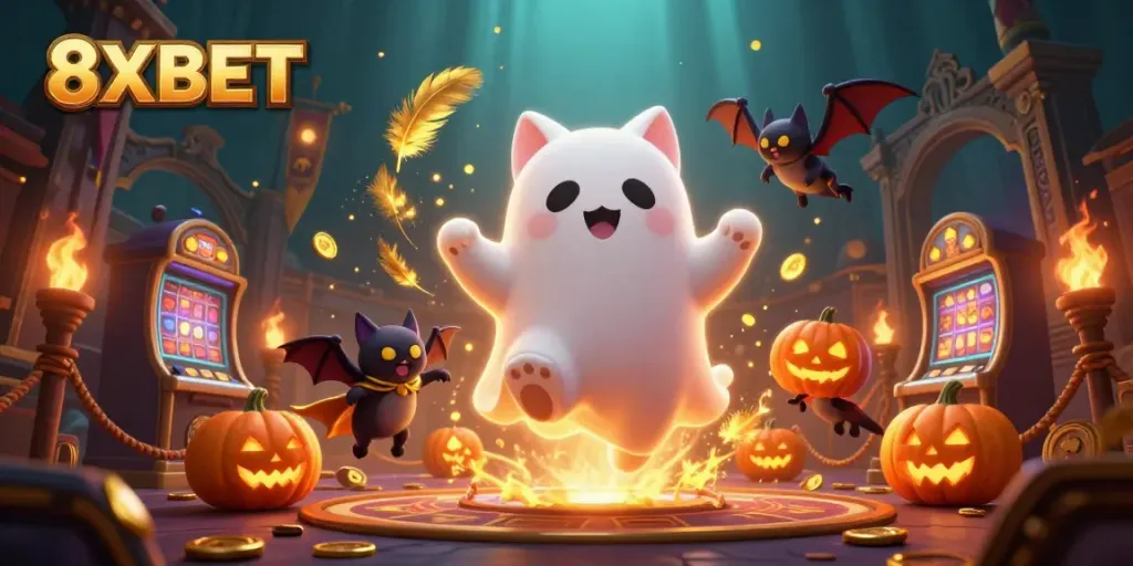 Experience thrilling gaming adventures with the playful 8XBET ghost cat and bat companion in a vibrant casino.