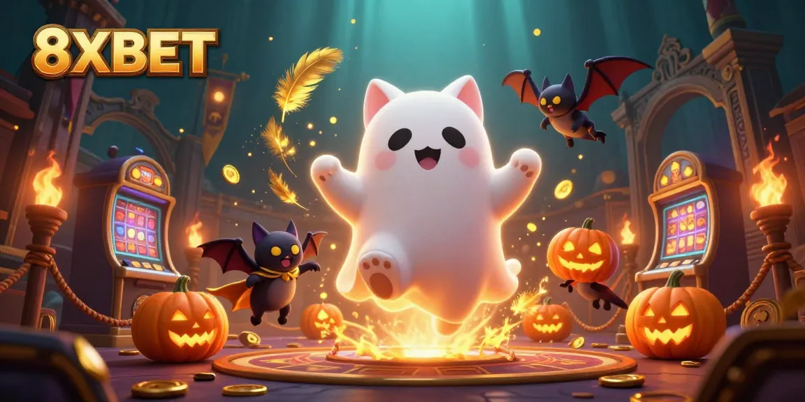 Experience thrilling gaming adventures with the playful 8XBET ghost cat and bat companion in a vibrant casino.