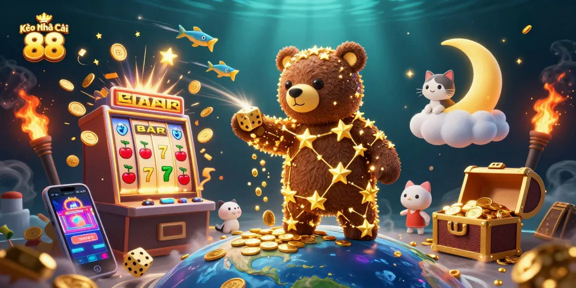 Kèo Nhà Cái 88 showcases a 3D casino scene with vibrant characters, slot machine, and dynamic winning elements