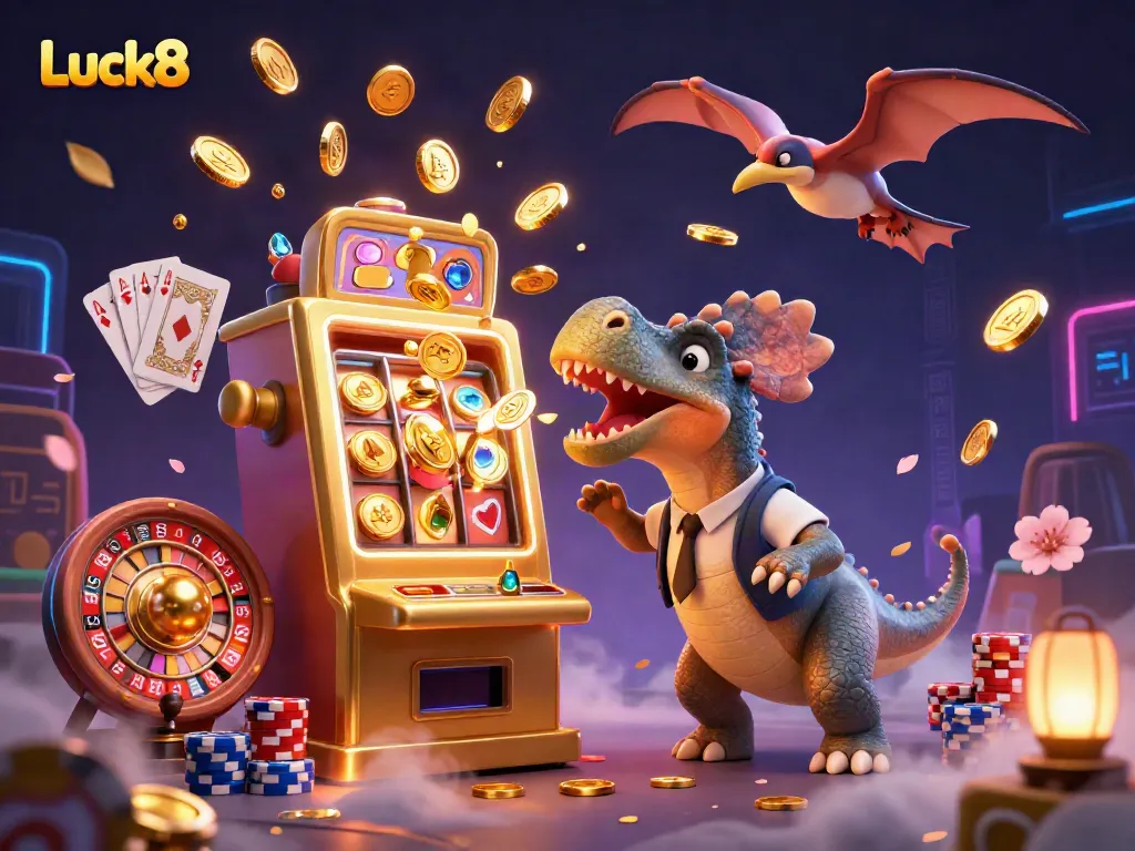 Experience Luck8 excitement with 3D dinosaur and slot machine in a vibrant casino setting.