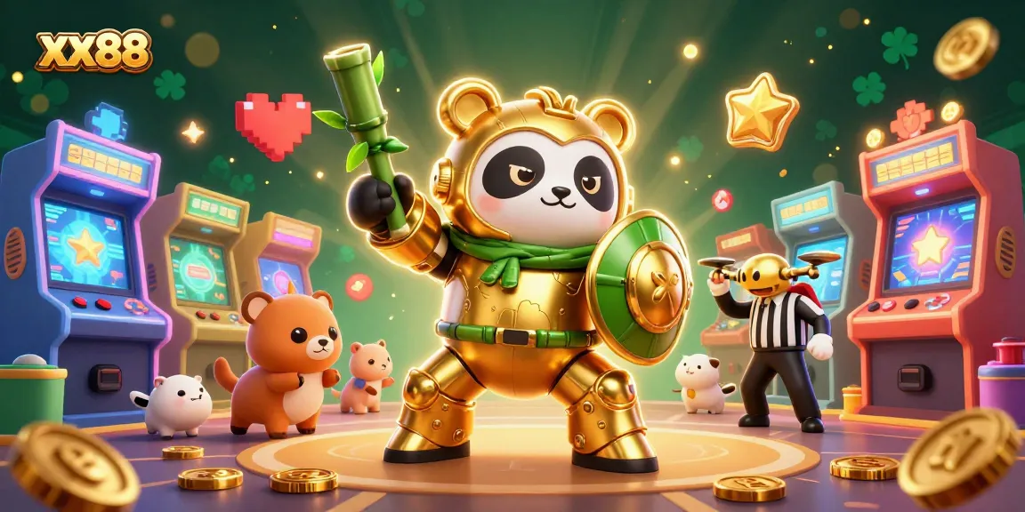 Engage with xx88 in an exciting casino scene featuring a golden panda and game elements.
