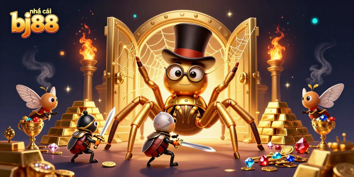 Experience the thrill of nhà cái bj88 with a vibrant 3D illustration of a golden tarantula and beetle knight in a casino setting.