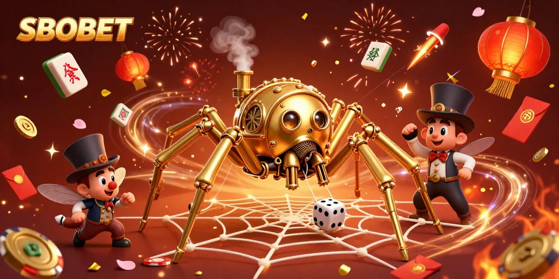 SBOBET showcases a lively steampunk casino scene featuring a trapped fly gentleman and a golden spider amidst festive gaming elements.